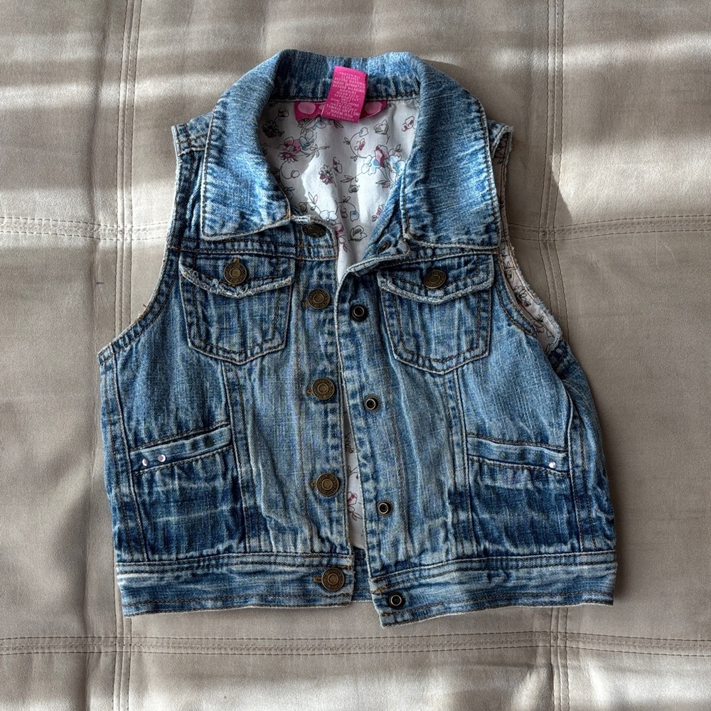 Girls Vintage Jean Jacket Vest Floral Button Up GLO Size 5